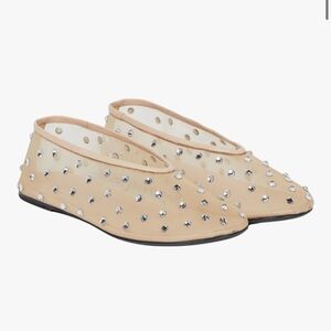 Mesh Rhinestone Crystal Studded Ballet Flats Beige Tan Shoes